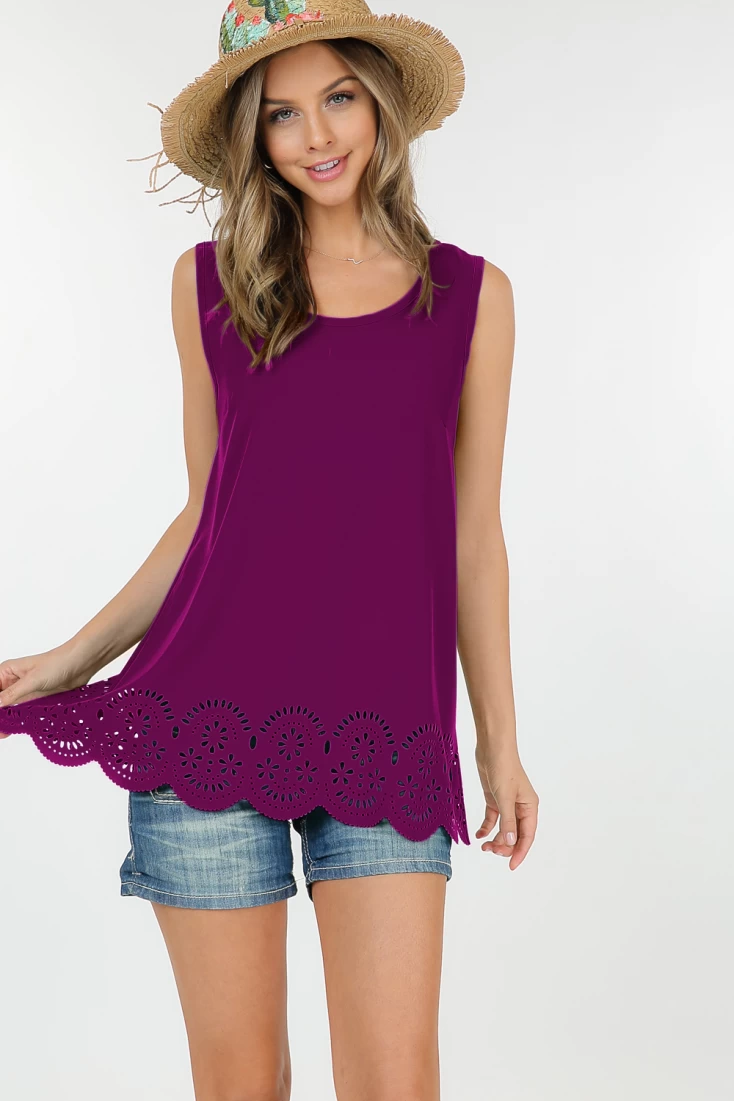 Sleeveless Laser Cut Hem Round Neck Tank Top- Shop Basic