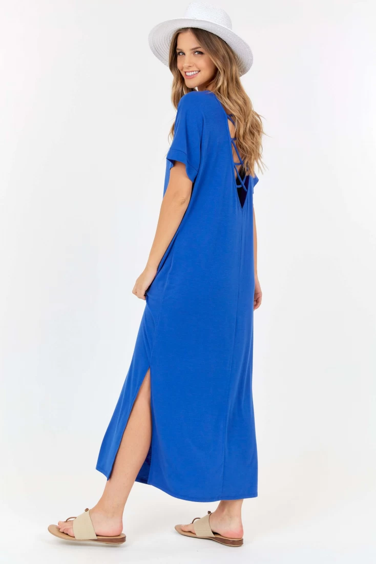 Short Sleeve Maxi Dress With cross strings and side slits