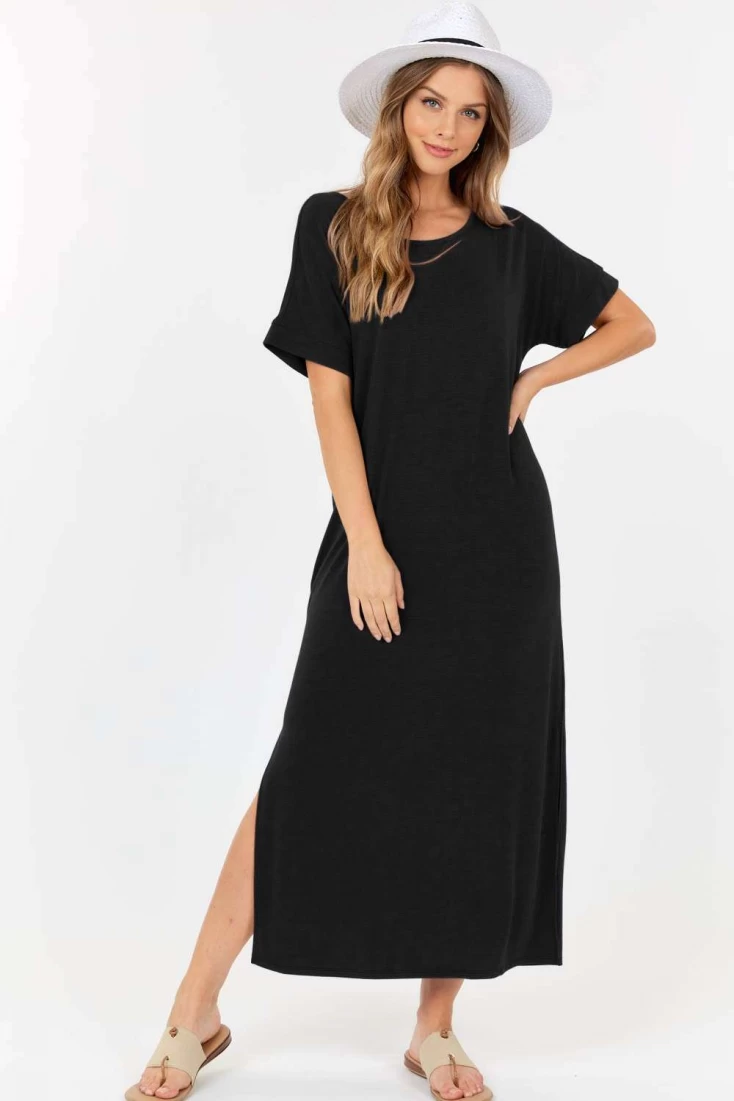 Short Sleeve Maxi Dress With cross strings and side slits
