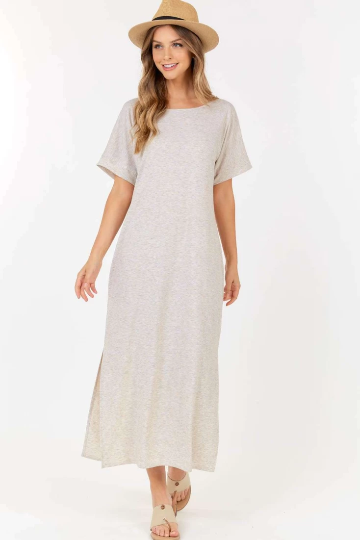 Short Sleeve Maxi Dress With cross strings and side slits