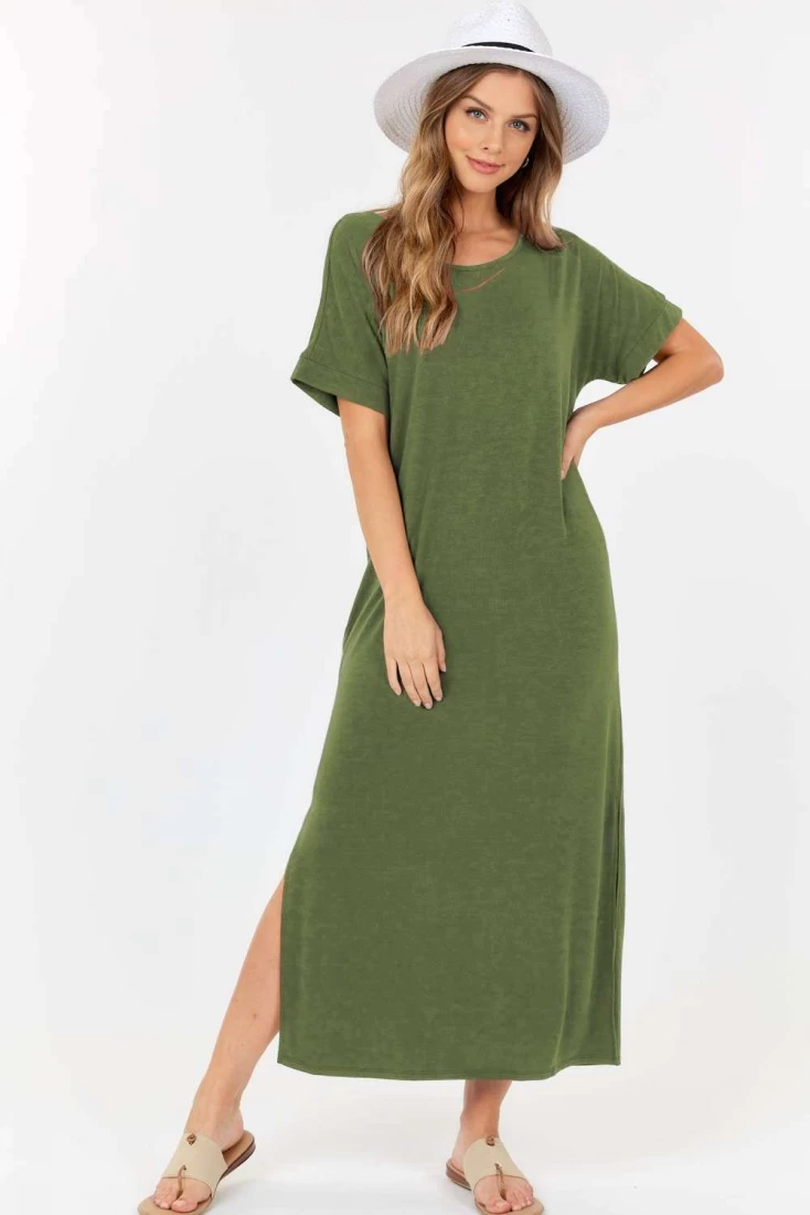 Short Sleeve Maxi Dress With cross strings and side slits