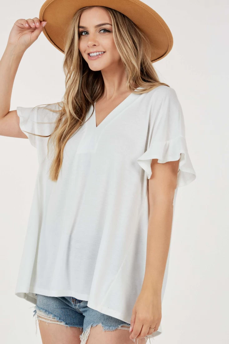 Short ruffled Sleeve Oversized V neck